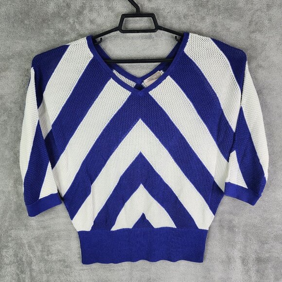 Womens Forever 21 Contemporary Blue & White Chevron Knit Sweater Top U Neck M - Picture 2 of 8